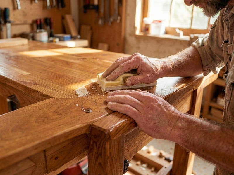 Carpintero aplicando acabados a un mueble de madera en Teo